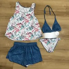 新品　花柄デニム調水着セット　ビキニ　4点セット　体型カバー　水着