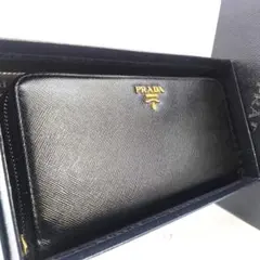 美品 プラダ サフィアーノ 三角ロゴ 長財布 ラウンド ジップ ウォレット 黒
