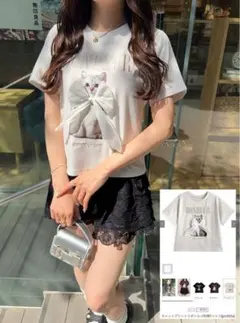 GRL グレイル　キャットプリントリボンロゴ刺繍Tシャツ[pm592a]のサムネイル