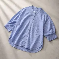 美品Spick&Spanゆったりストライプシャツパールボタンふんわり袖ブルー 