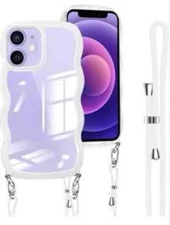 iPhone12ケース　ストラップショルダー　ホワイト　クリア　うねうね　耐衝撃