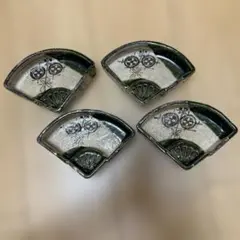 リ*タ様 織部焼　織部茶陶　名工　山口茂　作　織部釉鉄絵　扇面　深向付　小鉢4客 リ*タ様 織部焼 織部茶陶 名工 山口茂 作 織部釉鉄絵 扇面 深向付 小鉢