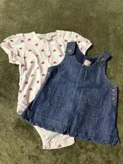 petit main ハート柄ロンパース&デニムオーバーオールセット 70