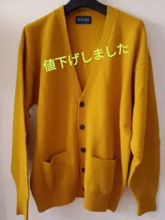 毛100% マスタード　イエロー　山吹色　ニットカーディガン　長袖　ポケット×２