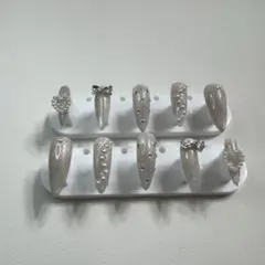 上品ベージュラメ×パールリボンネイルチップ 量産型/韓国風/ブライダル