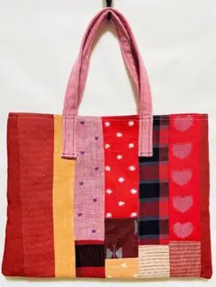 久留米絣　リバーシブル　パッチトートバッグ　☆   赤ピンク系