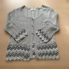 グレー 五分袖 カーディガン 波型編み