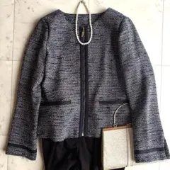 美品 ドアーズ ツイードノーカラージップアップジャケット F ネイビー