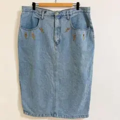 デニムスカート 花刺繍 大きいサイズ ゆったり ライトブルー 古着