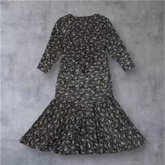 希少 マーメイドワンピース 長袖 肩パッド入 総柄 ブラック 黒 サイズ9