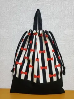 持ち手付き巾着袋 上靴入れ お道具袋 ブラウンしましまりぼん柄×ミントグリーン 持ち手付き巾着袋 上靴入れ お道具袋 ブラウンしましまりぼん ミント