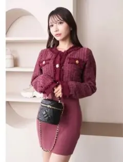 リップサービス フリンジツイードアンサンブルニットワンピース レッド