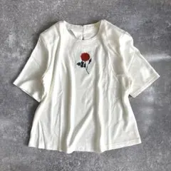 一輪薔薇刺繍 カットソー バックボタン 肩パット入り 希少デザイン レトロ