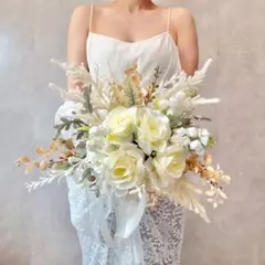 【ブートニア無料】ウェディングブーケ ホワイト 前撮り 韓国風 造花 薔薇