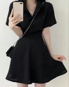 ブラック 半袖 Aラインワンピース