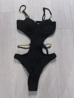 【美品】モノキニ 水着 ワンピース 黒 リブ生地 ゴールドチェーン付のサムネイル