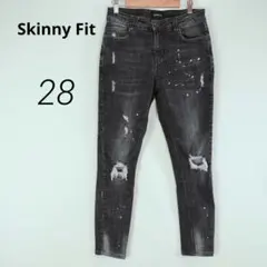 ストレッチ✨スキニーデニムパンツ ペイント ダメージ加工 黒【S】c9127