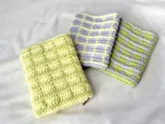 ブックカバー｜編み物 カラフルチェック 文庫本 カバー 韓国風 手編み 読書 黄