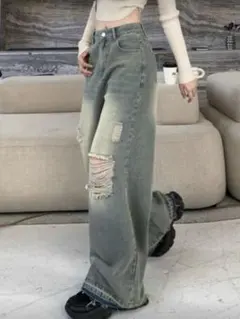 ミディアムウォッシュ ワイドレッグ デニムパンツ ミディアムサイズ