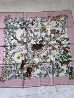 エルメスカレ45エデン ジャングルラブ豹柄鳥花柄蝶ピンクシルク