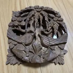 木製 鳥と植物の彫刻 アートオブジェ