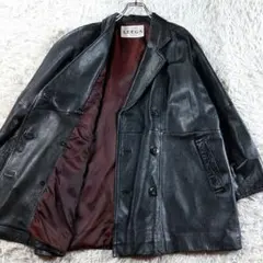 大きめ 裏地派手色 ラムレザーダブルブレストジャケット ミドル丈コート 黒ワイン