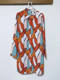ゆったり 抽象パターン 長袖ワンピース オレンジ アート シャツワンピ