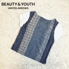 美品 ビューティ&ユース 異素材切替 半袖カットソー 幾何学 日本製 M相当