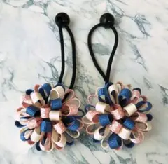 【セール】ポンポンリボン ツイン ヘアゴム くすみカラー　ハンドメイド