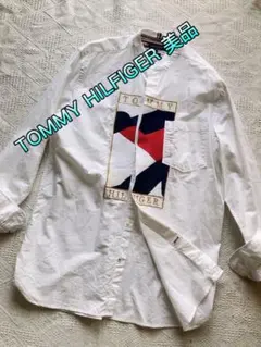 美品希少TOMMY HILFIGER ロゴ刺繍シャツホワイト系大きめメンズ