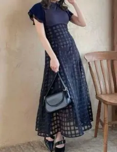 ダズリン dazzlin シアーチェックコルセット ワンピース M ネイビー