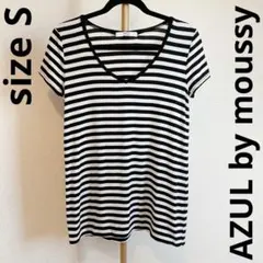 AZUL by moussy 白黒　細ボーダー Vネック 半袖　Tシャツ