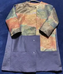 ル*ア様 帯リメイクコート　L-LLサイズ　着物リメイク　ブルー　スナップ前開き