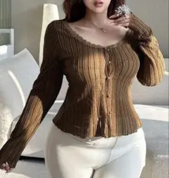 SHEIN ジャカードニットカーディガン　ブラウン　2XL