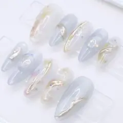 【153】ネイルチップSサイズ 水色オーロラ　ミラー ニュアンス 白　マグネット