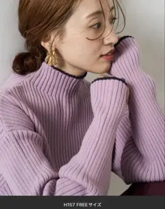 フリークスストア　配色ラインリブニットハイネックプルオーバー　パープル