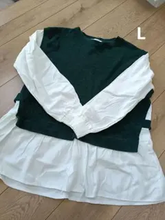 ダークグリーン レイヤード 重ね着風 長袖トップス Lサイズ