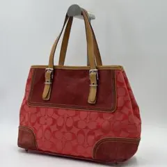 COACH 6892 シグネチャー ハンドバッグ キャンバス スエード レッド
