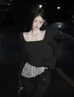 shein レース付き黒長袖トップス
