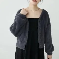 美品✨natural couture バー釦シャギーカーデ チャコールグレー