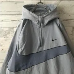 希少サイズ☆ナイキ 刺繍ロゴ ビッグロゴ ハーフジップ パーカー くすみグレー