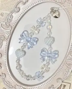 515 ブルー　青　リボン　ハート　ビーズ　ストラップ　キーホルダー　チャーム