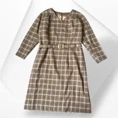 チェック柄Vネック長袖ワンピース ベルト付き ウールライク レトロ ヴィンテージ