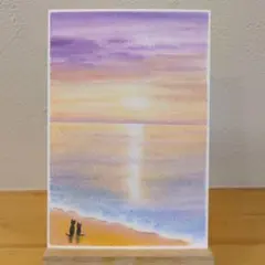 原画：ハガキサイズ】 夕暮れの空と白い月 オイルパステル画 - メルカリ