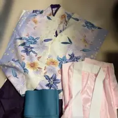 着物セット 花柄 紫 袴 帯付き、小学生卒業式のサムネイル
