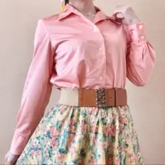 無地 ポリシャツ 開襟 シャツブラウス 昭和レトロ ヴィンテージ 日本製 ピンク