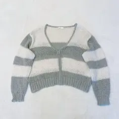 ヘルム　ボーダーニットカーディガン　ホワイト　グレー　カジュアル　ざっくり　M