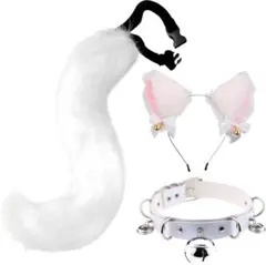 猫耳 しっぽ チョーカー 3点 コスプレ カチューシャ 鈴付 ホワイト 白 新品のサムネイル