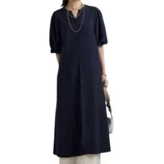 un dix cors パフスリーブ ロングワンピース 紺 フリー 大人可愛いのサムネイル