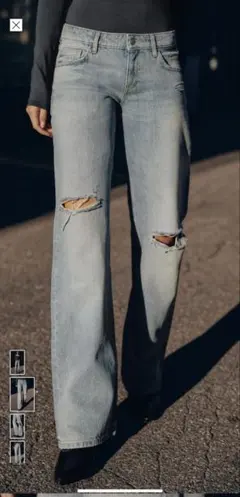 ZARA TRF ダメージ加エローライズワイドレッグデニムパンツ